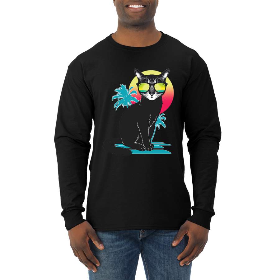 Cool California Beach Kitten Silhouette Sun Cat Cat Lover, Cats,  Mens Long Sleeve Shirt