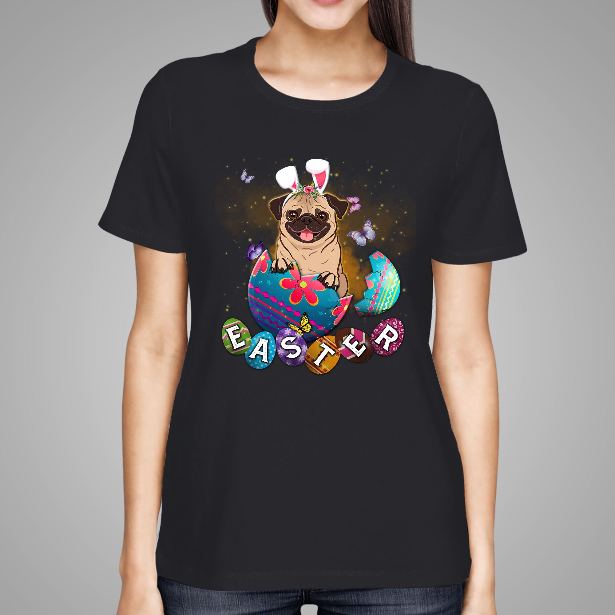 Bunny Headband Pug Colorful Eggs 2D Shirt For Girls On Easter Day