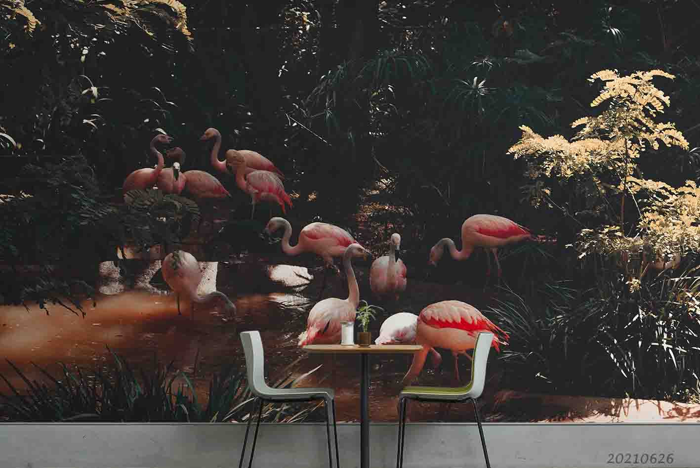 3D Green Forest Animal Flamingo Wall Mural Wallpaper Lqh 60