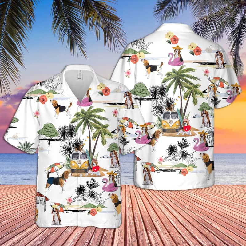 Unisex Beagle Beach Hawaii Print Aloha Short Sleeve Casual Shirt Ha108063