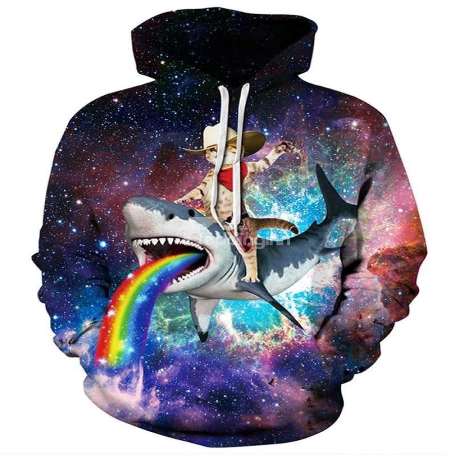 Cat with Shark Rainbow Long Sleeve 3D Pattern Hoodie