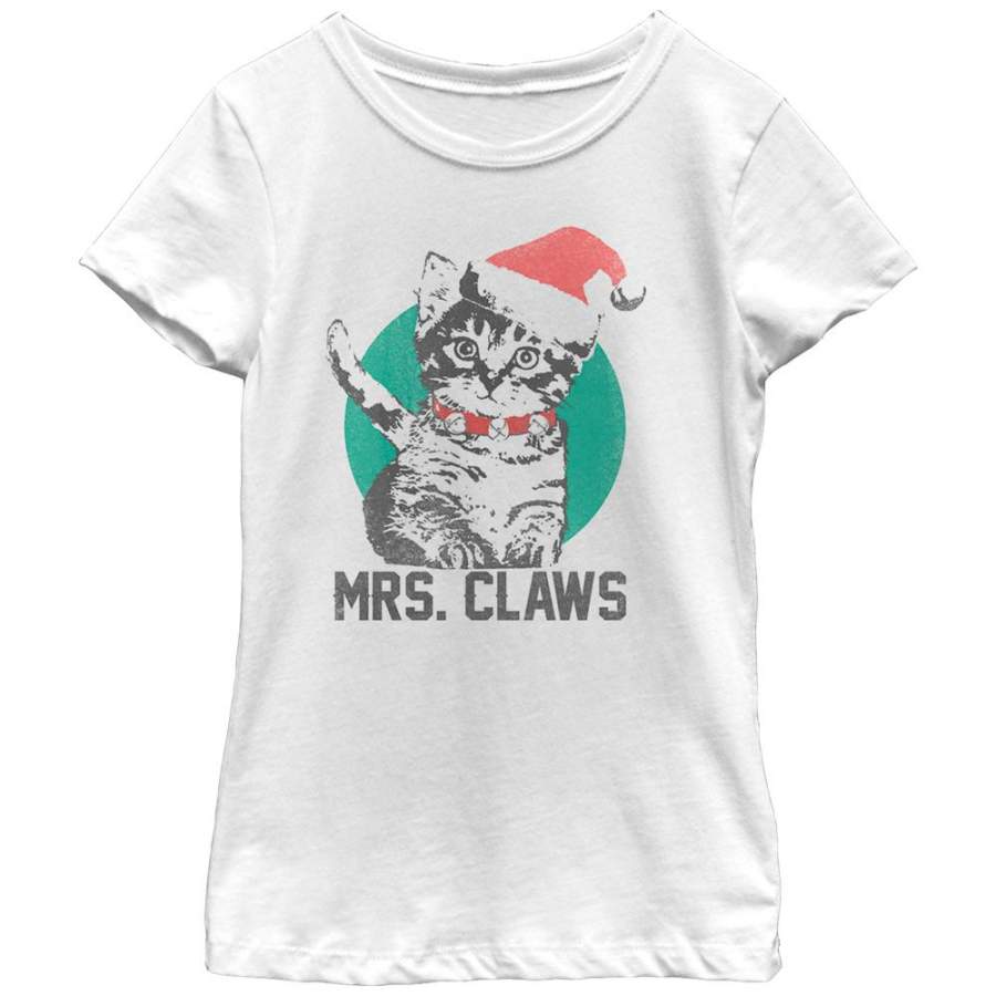 Lost Gods Girl’s Christmas Kitten Mrs. Claws  T Shirt White