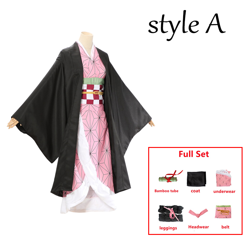 Anime Demon Slayer Kimetsu No Yaiba Kamado Nezuko Cosplay Costume Kimono Uniform with Tooth Mouth Nezuko Wig Halloween Clothes alx