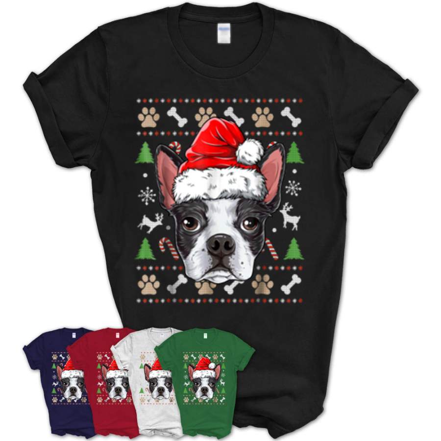 Boston Terrier Ugly Christmas Shirt Santa Hat Xmas Dog Boys