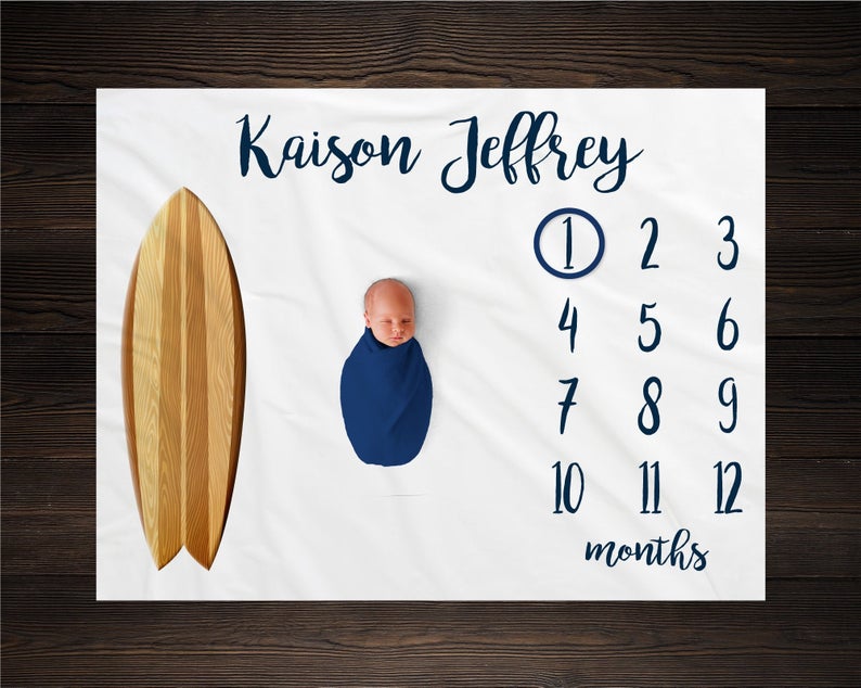 Surfing Milestone Blanket, Monthly Growth Tracker Soft Fleece Blanket, Baby Shower Gift, Newborn Gift Blanket