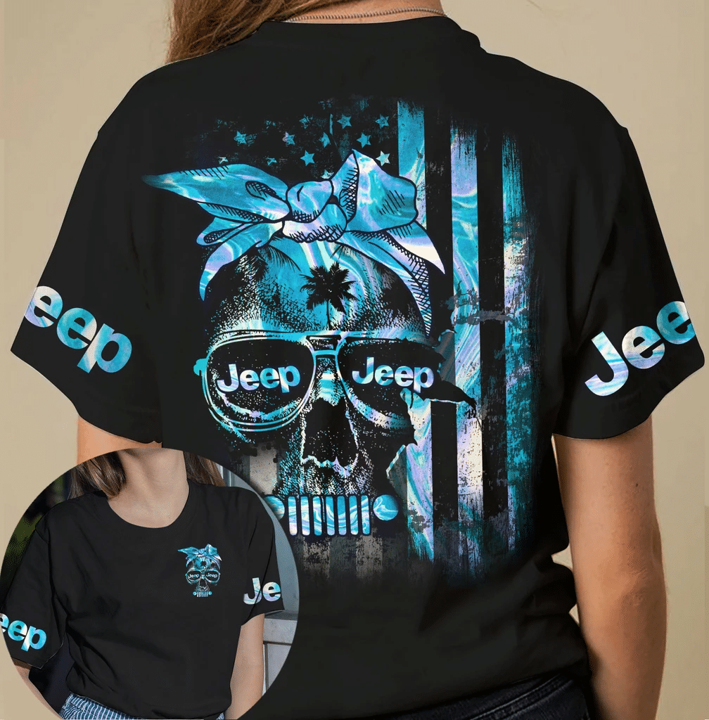 Jp Girl Skull Palm Tree Black Blue Flag Unisex T-Shirt 3D