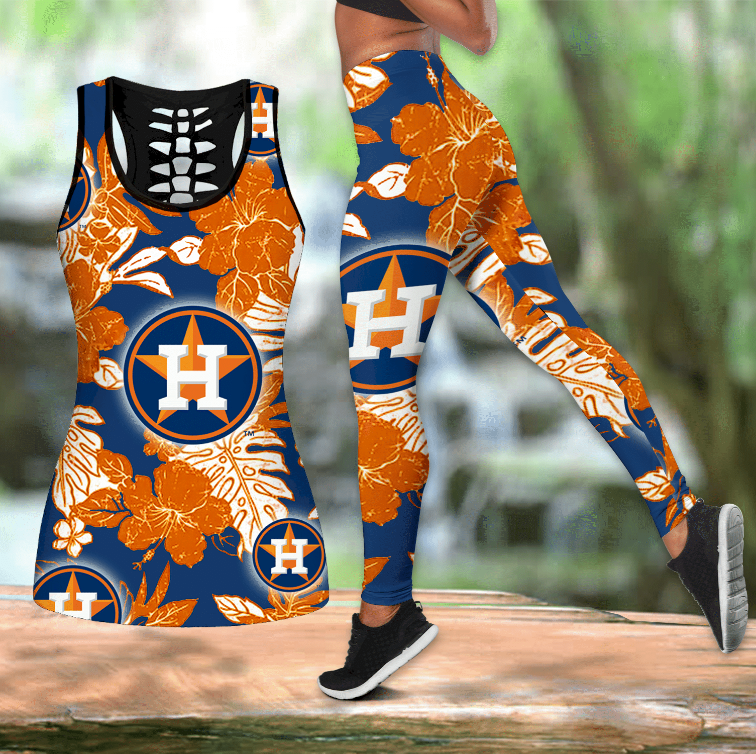 Combo Houston Astros Blue Hawaiian Hollow Tanktop Leggings Set V1576