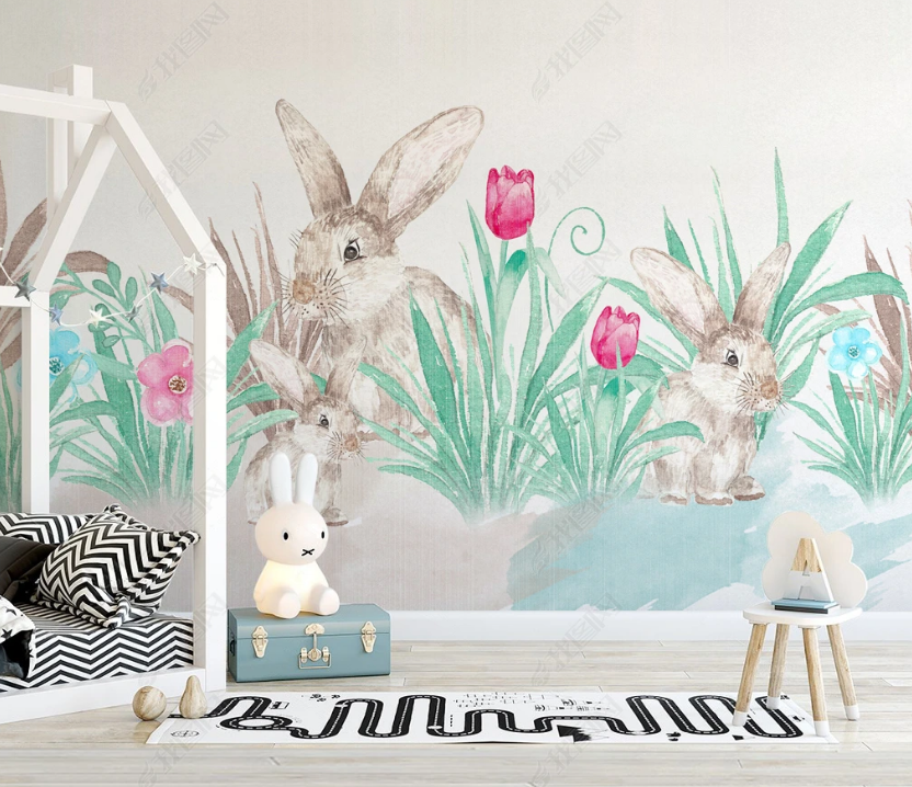 3D Watercolor Floral Leaf Rabbit Wall Mural Wallpaper Lqh 182