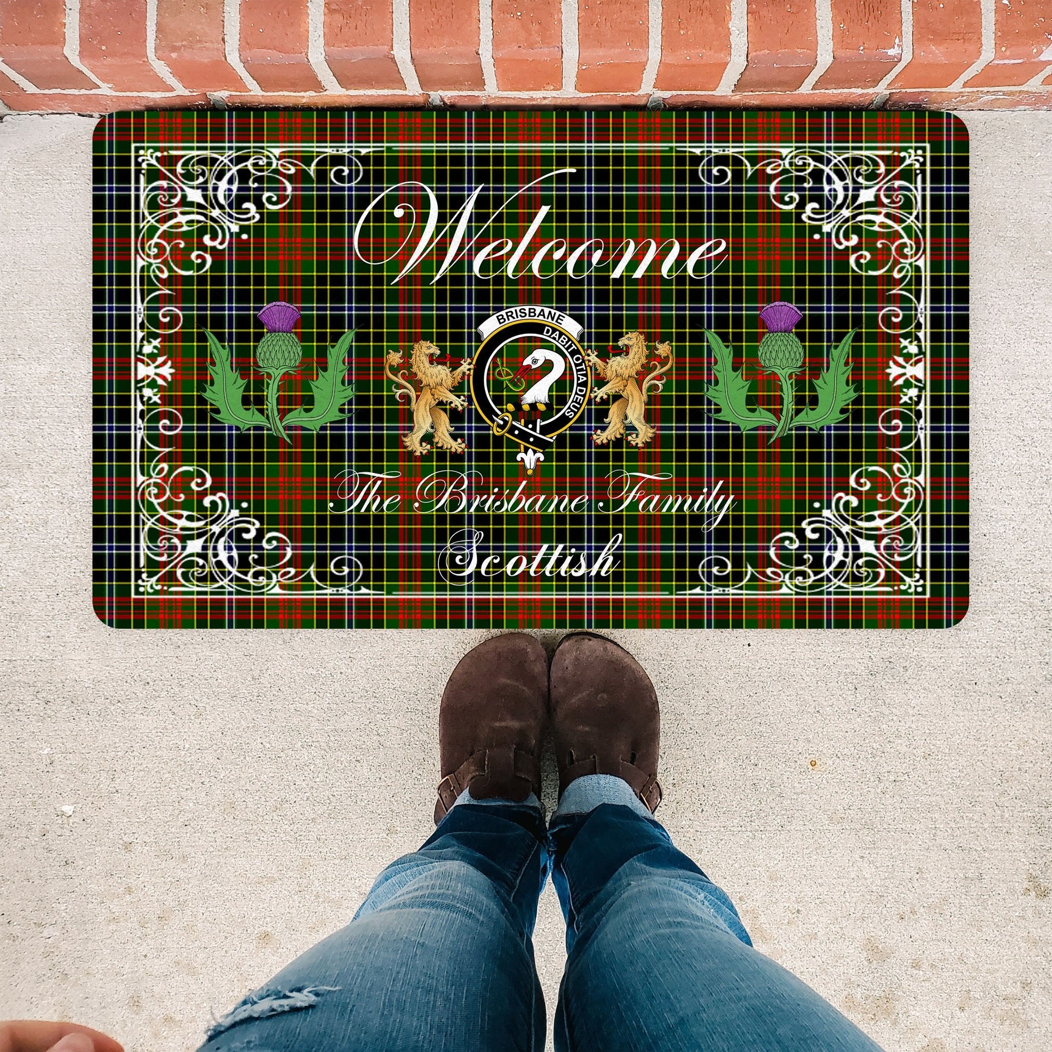 Scotstee Shop Tartan Door Mats Clan Brisbane Badge Tartan Thistle And Two Lion Scottish Plaid Doormat, Christmas Door Mat Gift