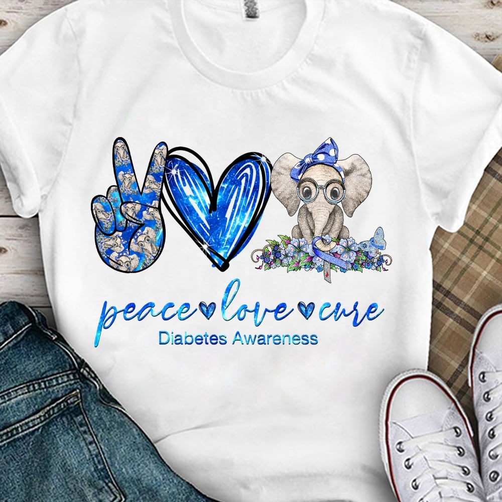 T-Shirt Peace Love Cure Diabetes Awareness For Women Blue Messy Bun Hair Elephant Cancers Support Shirt