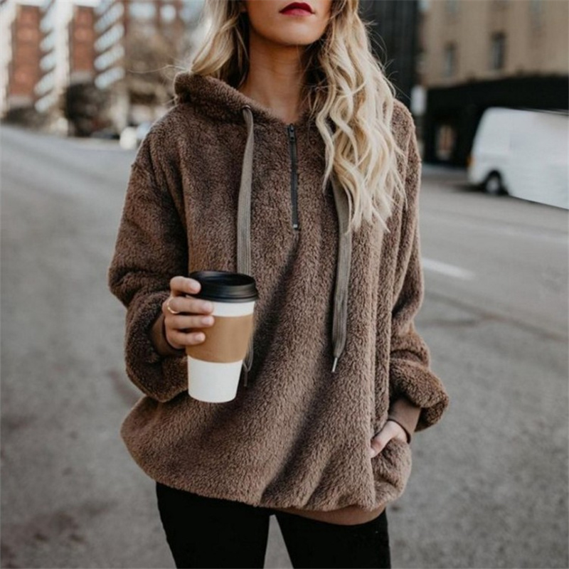 Cute female faux bear fur sweater plush coat blouses ladies fashion hooded coat female long sleeve fuzzy jacket oversized alx