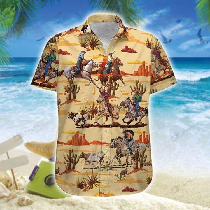 Amazing Team Roping Cowboy Brown Desert Unisex Hawaii Shirts Beach Shorts Ha27381