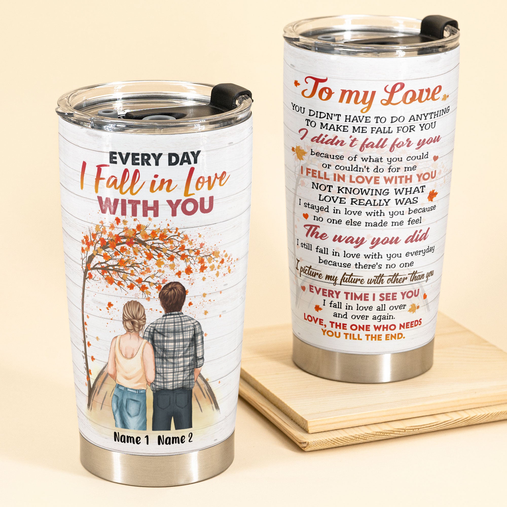 Fall In Love All Over Again – Personalized Tumbler Cup – Gift For Couple – Fall Couple Back