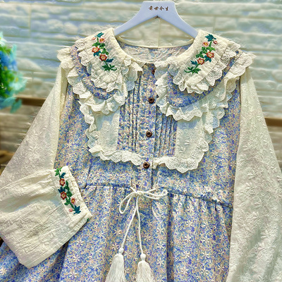 Thin Cotton Embroidered Floral Dress 2022 Autumn Long Sleeve Doll Loose Big Size Embroidery Midi Dress alx