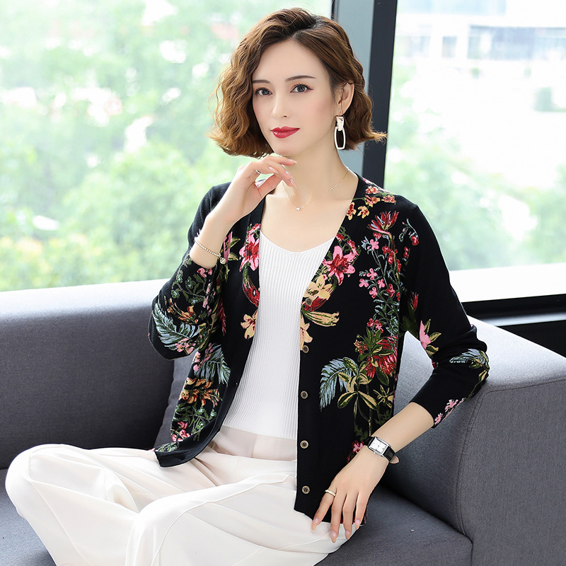 YISU Women Casual soft Cardigan Autumn Winter Knit Top Soft Sweater Coat Long sleeve V-neck Floral print knitted cardigan Women alx