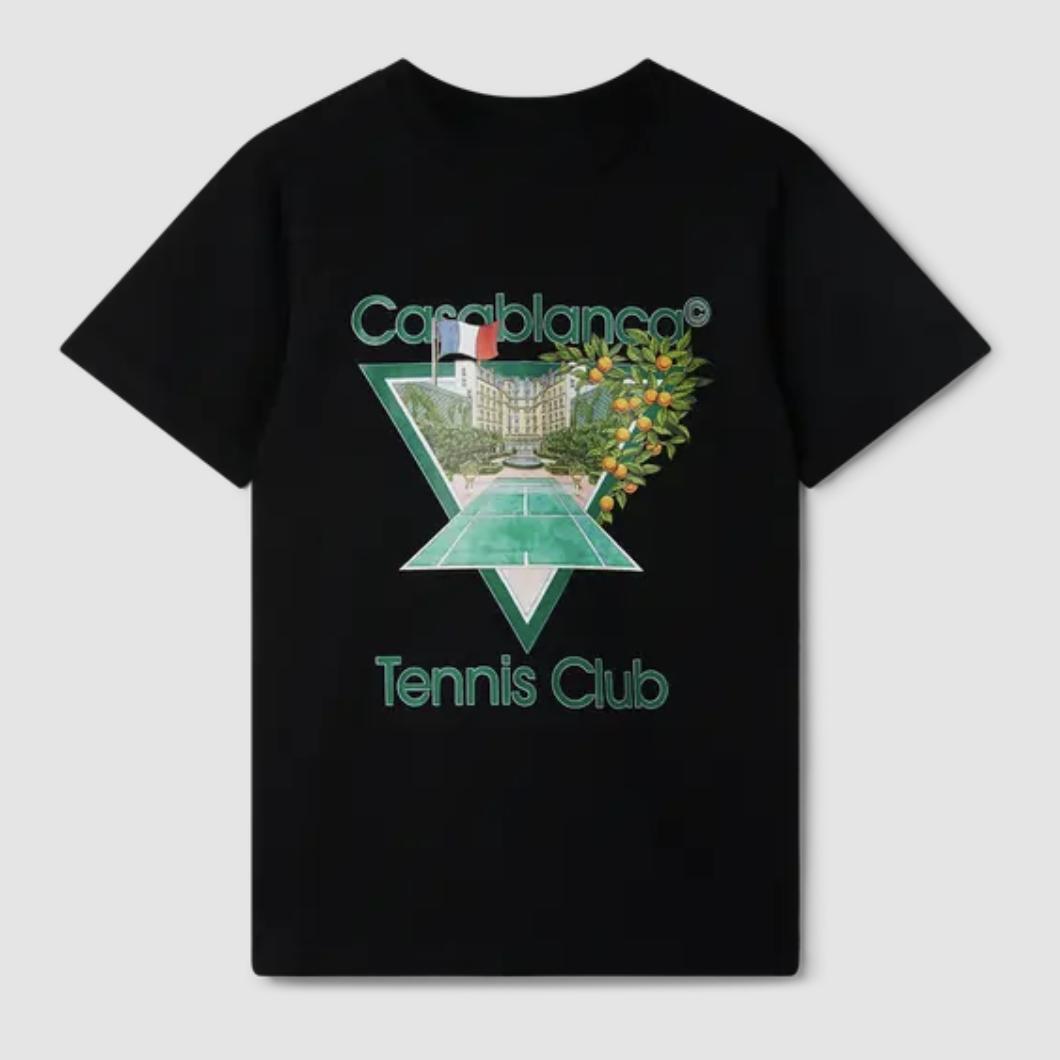 Casablanca Tennis Club T-Shirt Herren Sommer T-Shirt mit Vintage Grafikdruck, Schwarzes Streetwear Shirt im Resort Style