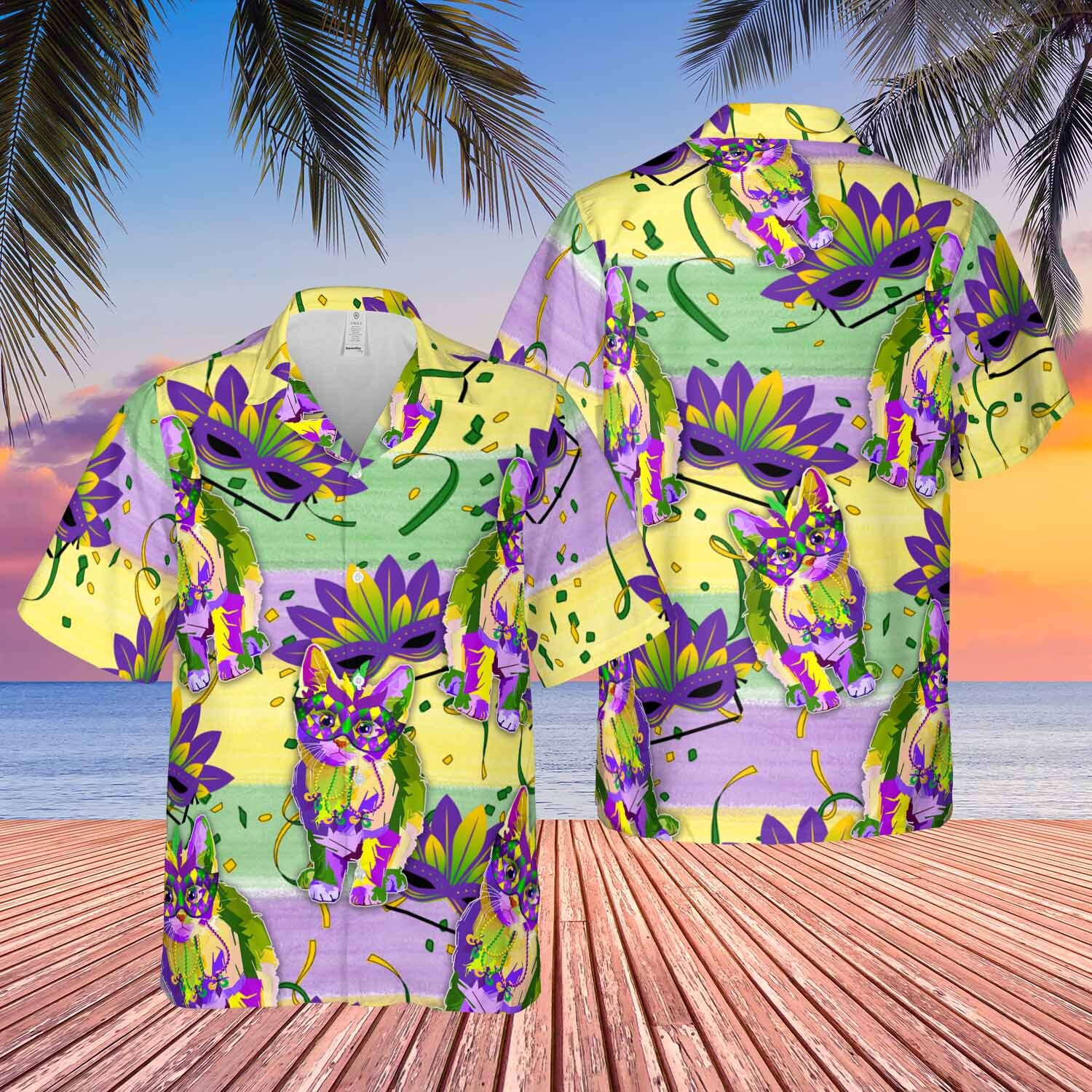 Colorful Cat With Mardi Gras Mask Pattern Hawaiian Shirt Gift For Friends Ha85453