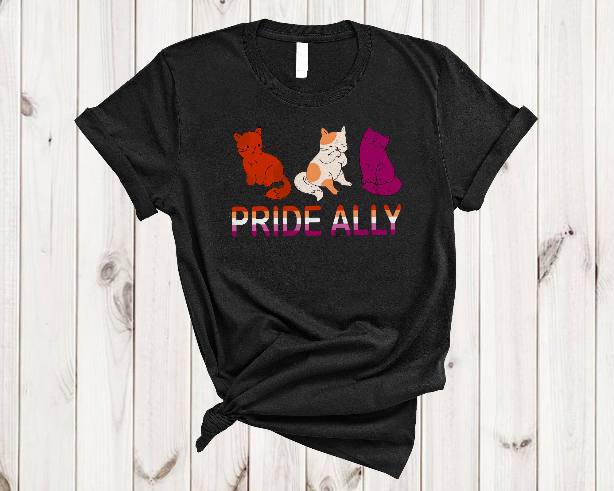 Lgbt Cat Shirt Pride Ally Cute Three Lesbian Flag Cat Kitten Kawaii Lover Lgbt Pride T-Shirt