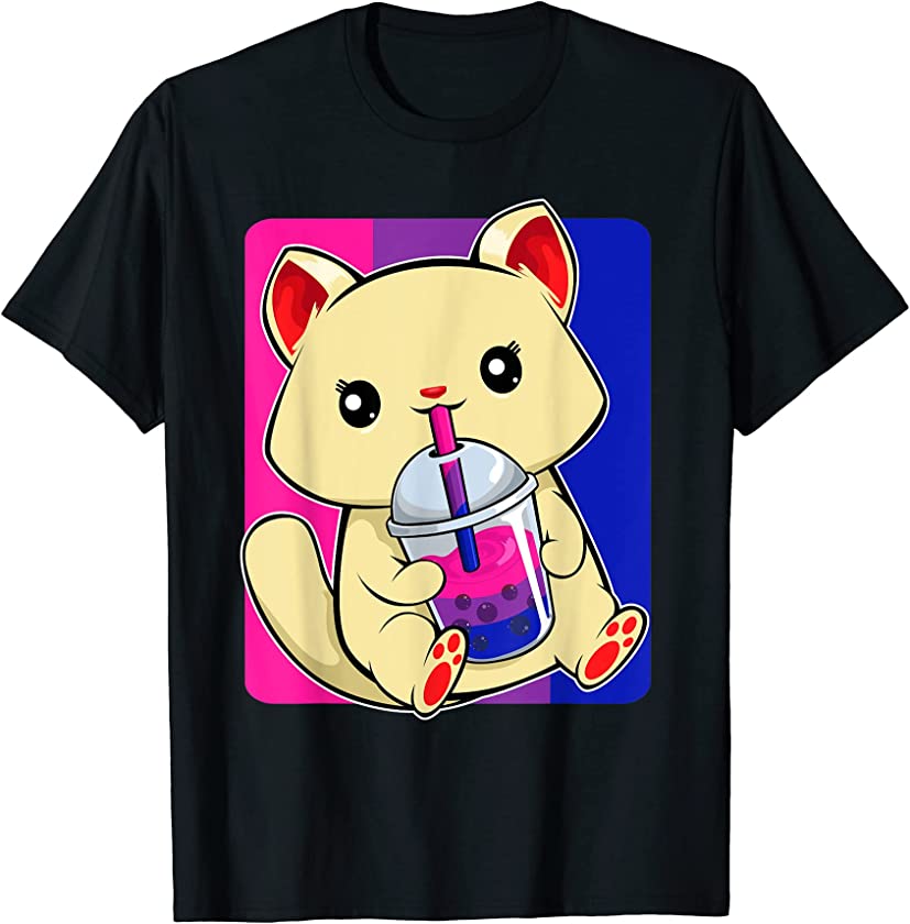 Bisexual Cat Drinking Boba LGBT-Q Kawaii Kitten Bi Pride T-Shirt