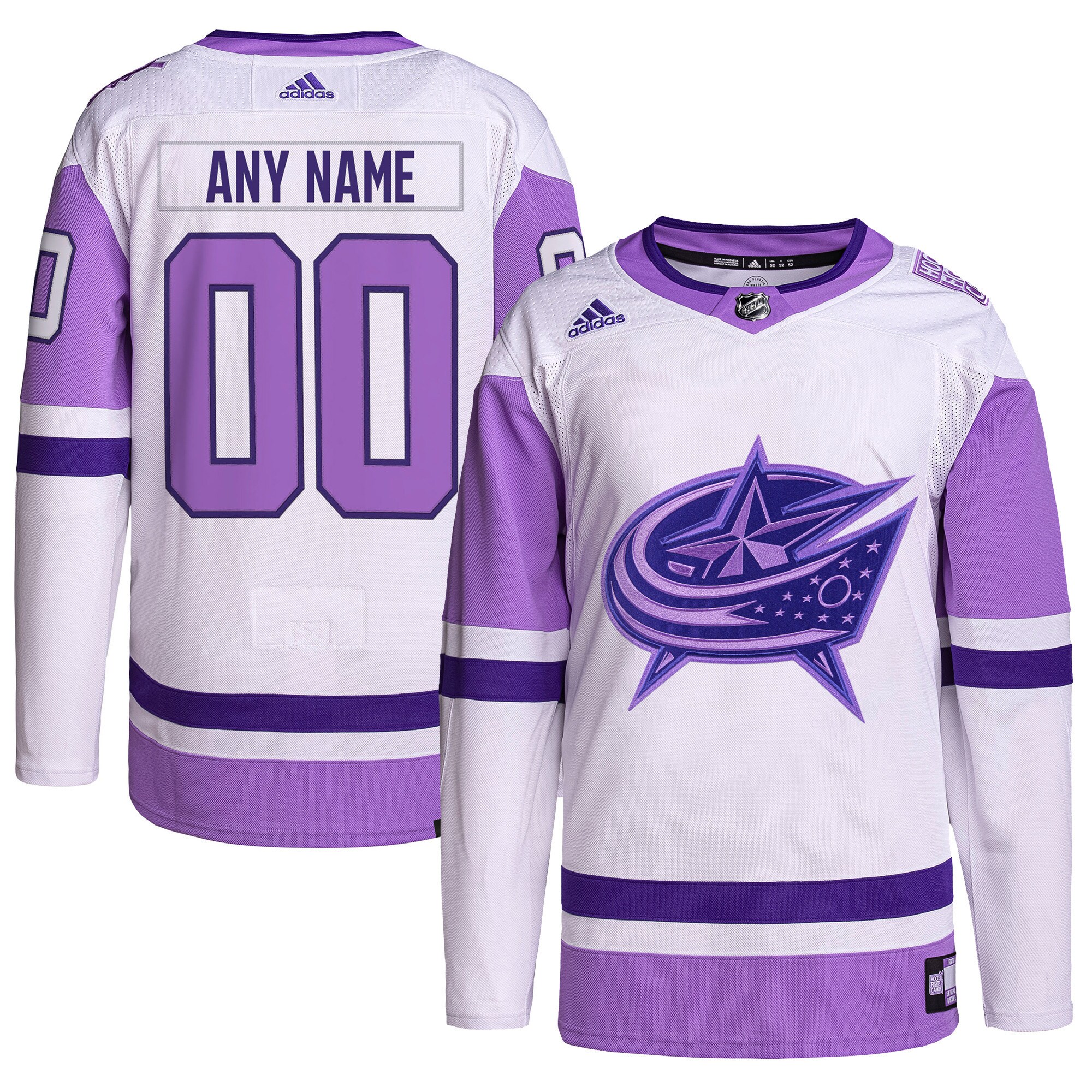 Men's Columbus Blue Jackets adidas White/Purple Hockey Fights Cancer Primegreen Authentic Custom Jersey