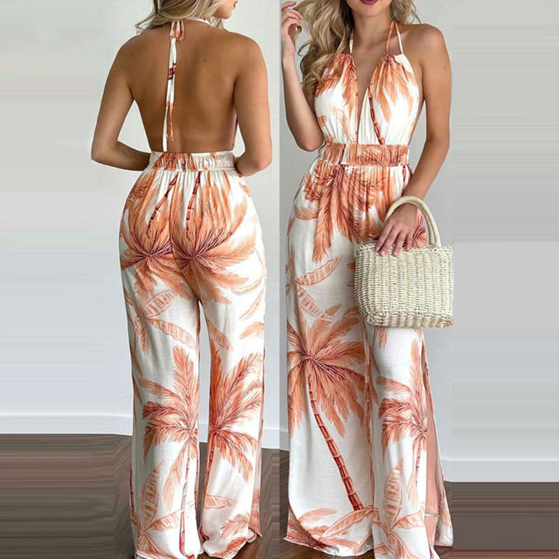 2021 Women Summer Tropical Print Halter V Neck Wide Leg Jumpsuit Backless Sexy Casual Beachwear Vacation Sleeveless Jumpsuits alx