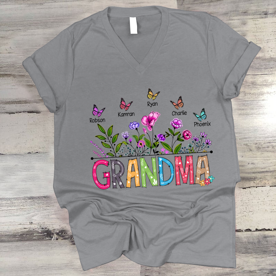 Grandma And Grandkids Butterfly V-Neck