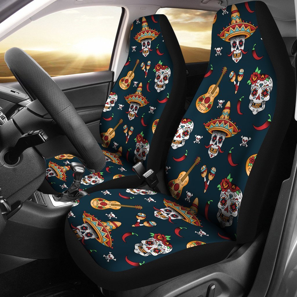 Sugar Skull Mexican Car Seat Covers Set 2 Pc, Car Accessories Car Mats Covers