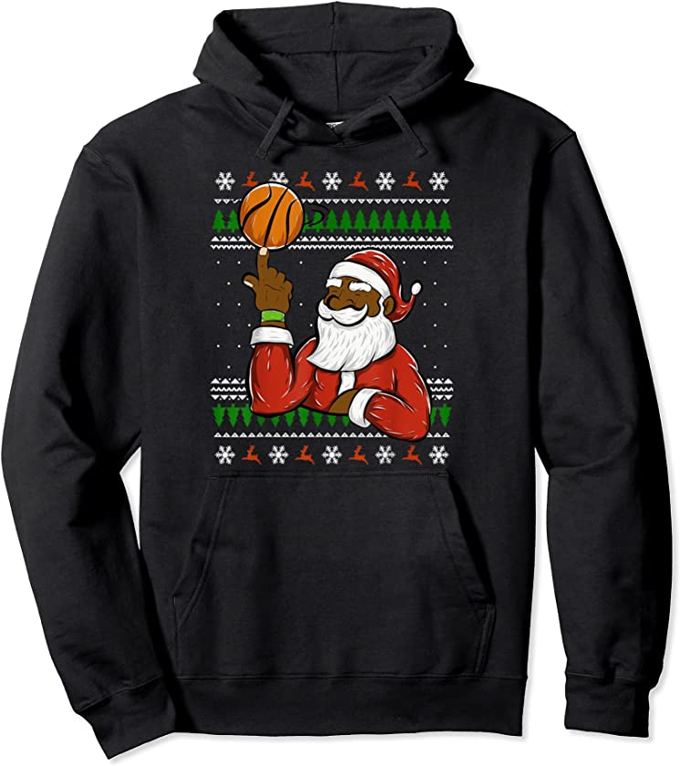 African American Santa claus Basketball Ugly Christmas 2021 Pullover Hoodie