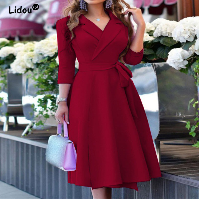 Summer Autumn 2022 Temperament High-End half Sleeve lacing dresses Elegant Fashion Solid color Women’s Clothing Vestidos Grace alx