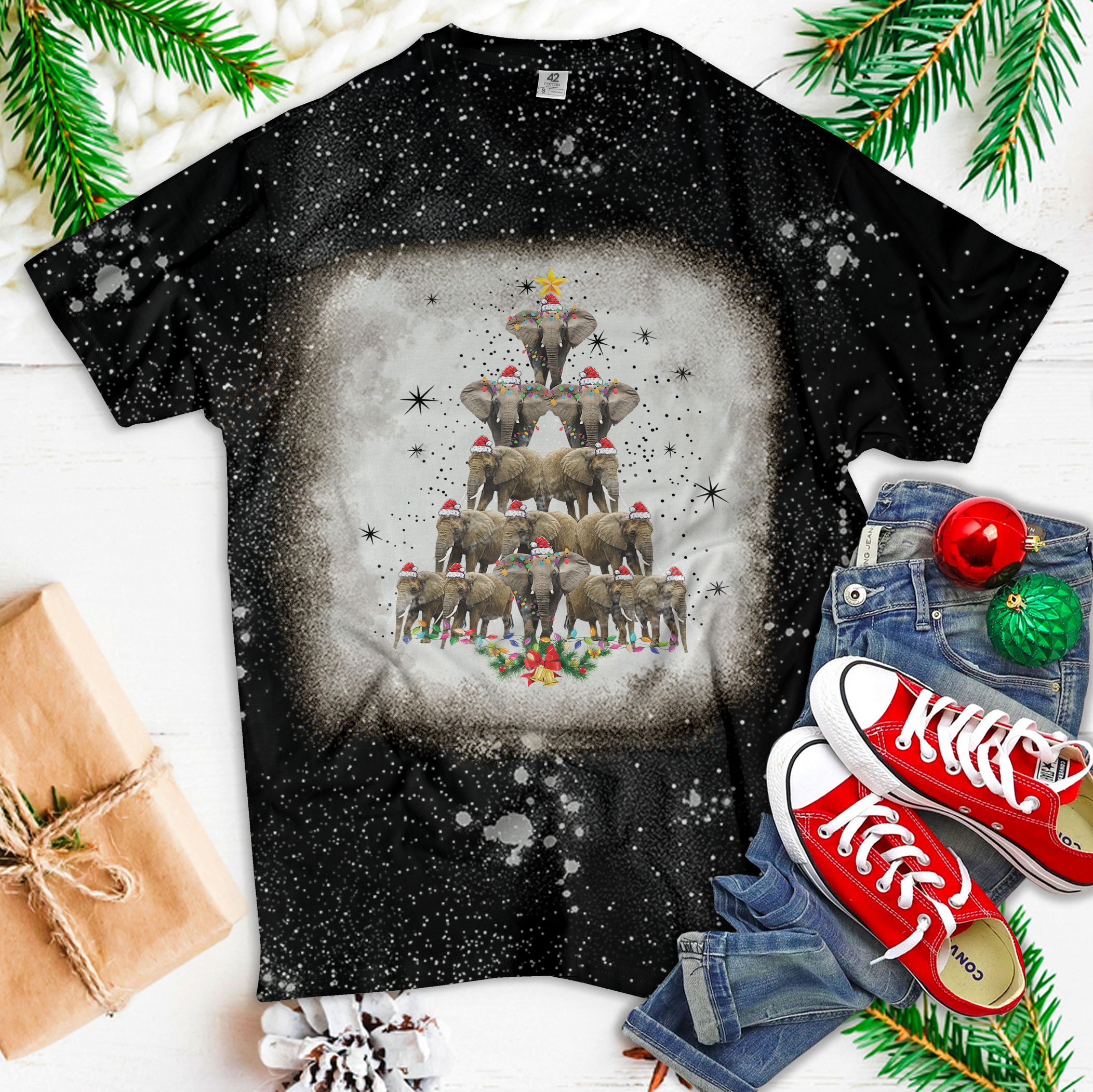 Funny Christmas Bleached T Shirt Elephant Christmas Tree Merry Xmas Elephant Gifts T Shirt For Men Women