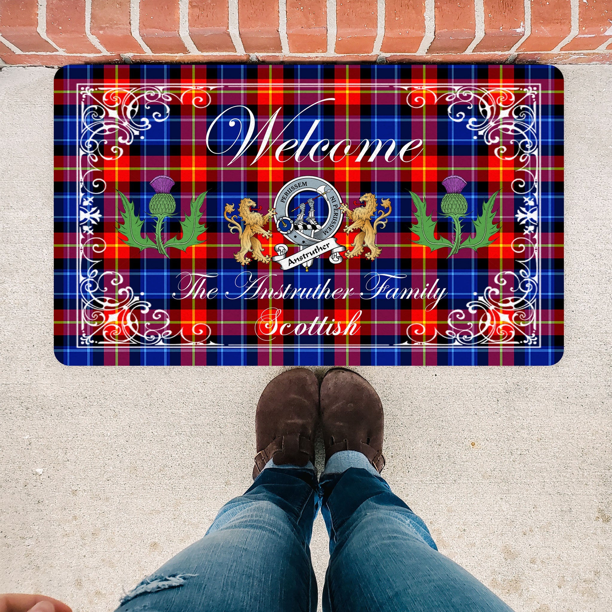 Scotstee Shop Tartan Door Mats Clan Anstruther Badge Tartan Thistle And Two Lion Scottish Plaid Doormat, Christmas Door Mat Gift