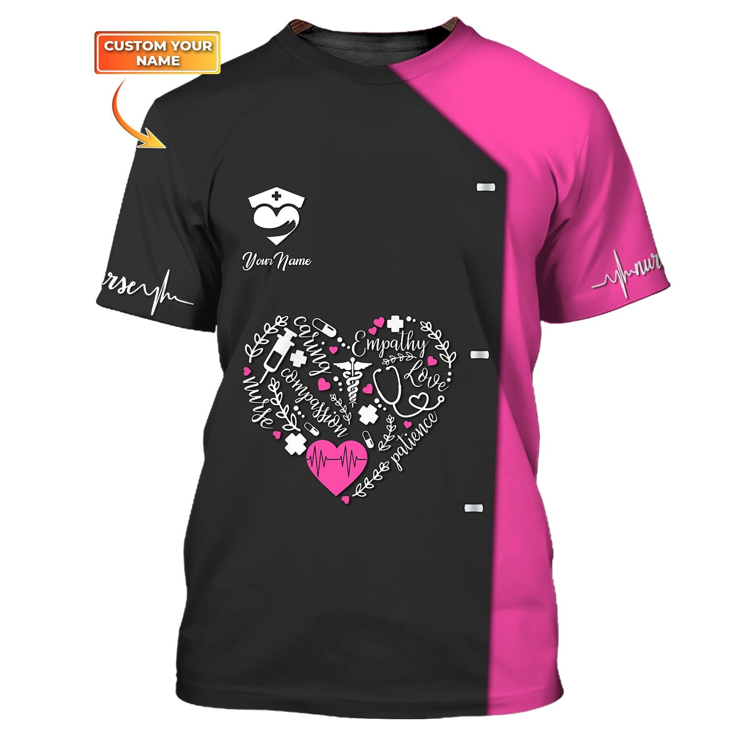 Nurse Heart 3D All Over Print Shirt Custom Medical Tee Shirt Black Pink, Nurse Uniform Shirt