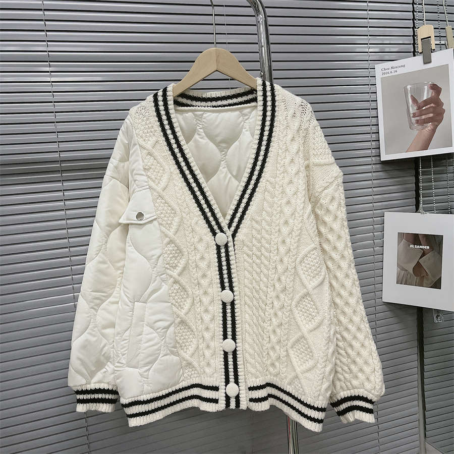 2022 Autumn Winter New Korean Version Loose Stitching Cotton Women Sweater Coat Thick Contrast Color Knitted Cardigan Jacket alx