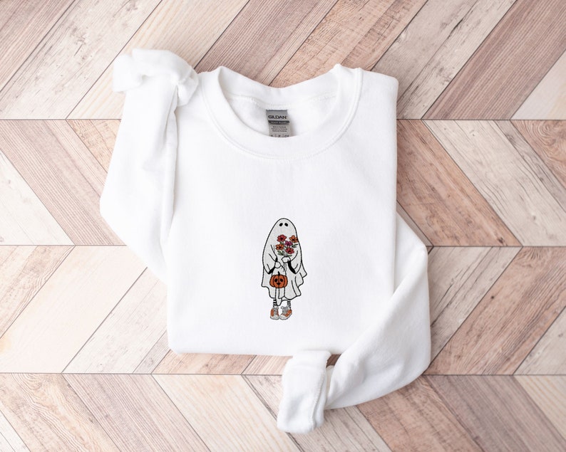 Embroidered Flower Ghost Halloween Crewneck Sweatshirt All Over Print Sweatshirt For Women Sweatshirt For Men Sws2537