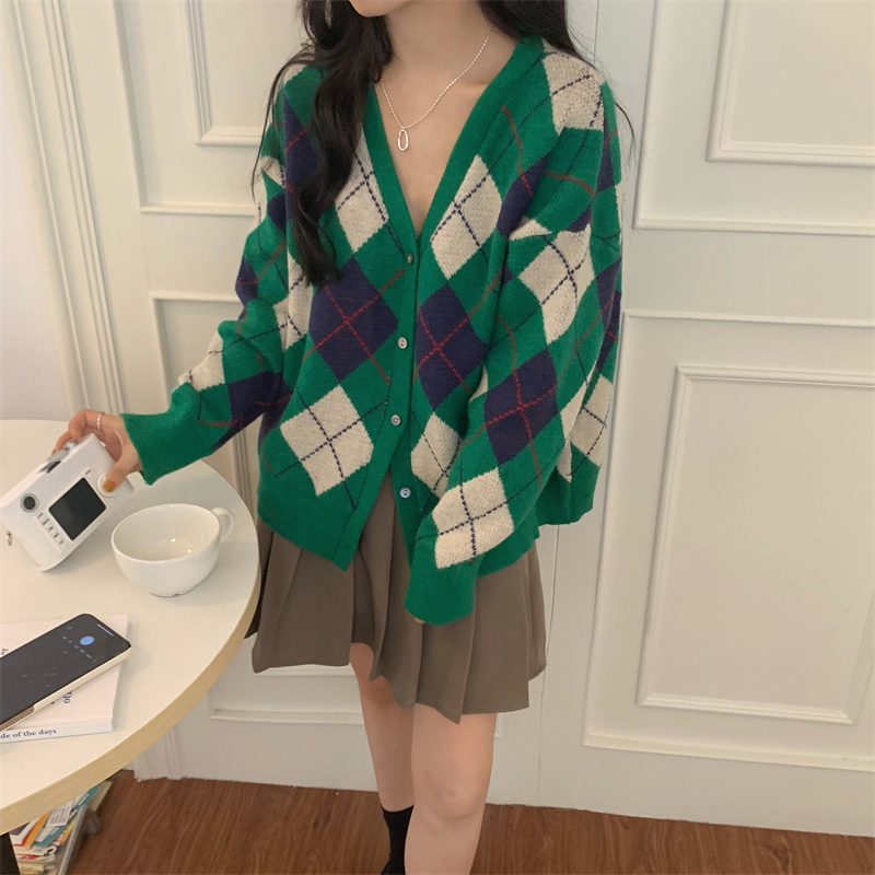 Sweater Women 2022 Winter Korean Loose Cardigan Sweater Coat Diamond Plaid Long-Sleeve Shirt Knitted Thick Cardigan Women alx