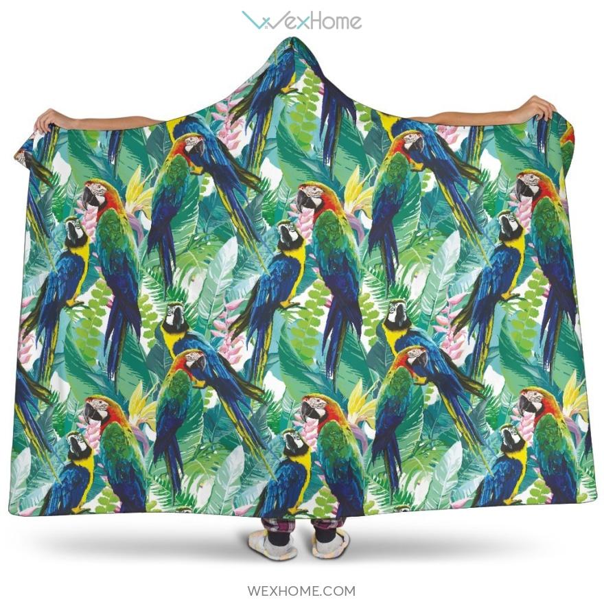 Colorful Parrot Exotic Flower Leaves Hooded Blanket