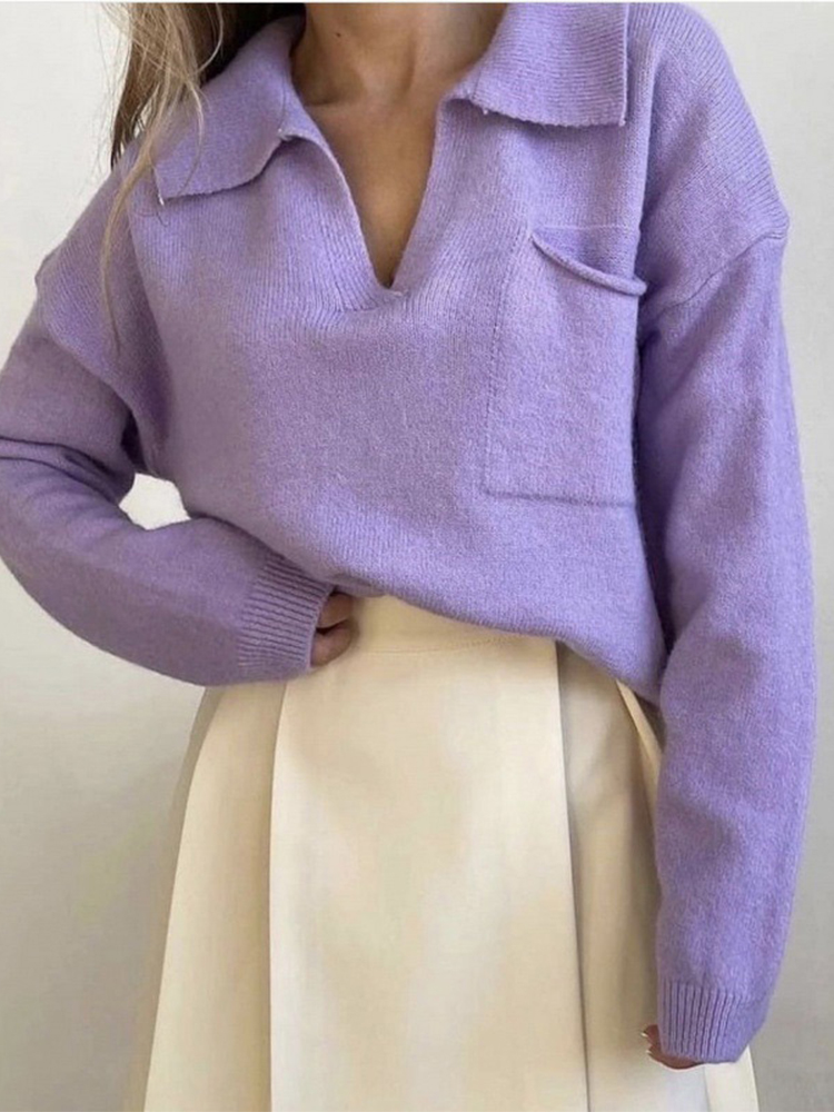 Vintage Chic Polo Collar Sweater Autumn Winter Women Loose Warm Cashmere Pocket Knitted Pullover Female Oversize Sweaters Jumper alx