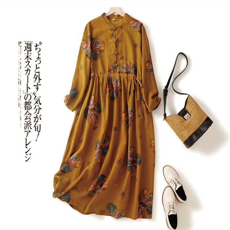 2022 New Arrival Cotton Linen Buckle Vintage Chinese Style Autumn Dress Print Floral Holiday Travel Casual Women Spring Dress alx