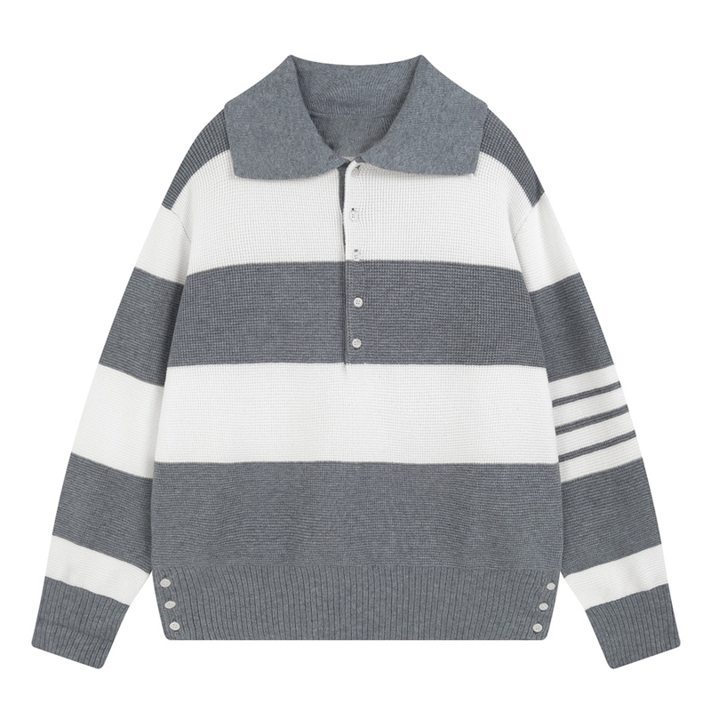 Autumn Pullover Grey White Stripes TB Long Sleeve Casual Sweater Men Loose Harajuku Style Fashion Pullovers Trendy Sweaters alx