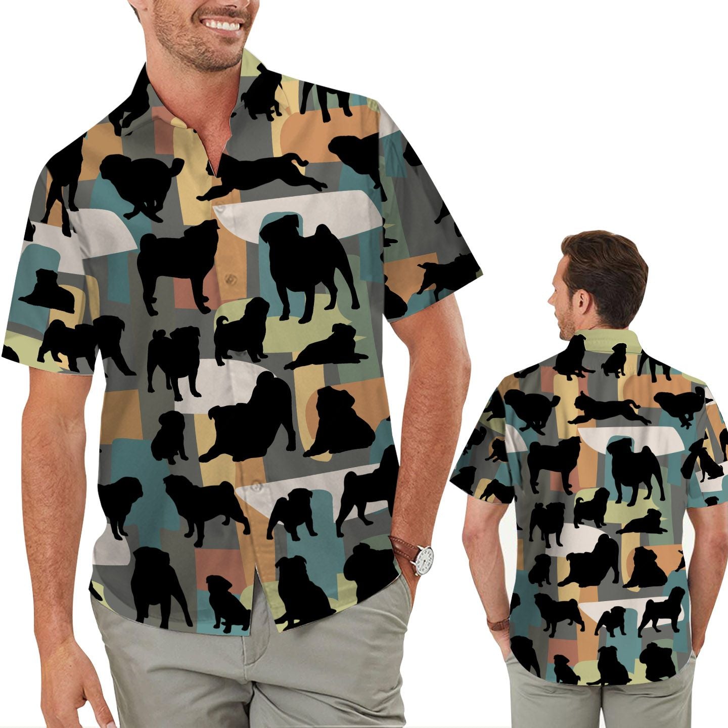 Pug Silhouettes Pastel Colors Lovely Men Aloha Hawaiian Button Up Shirt For Dog Pet Animal Lovers On Beach Summer Vacation