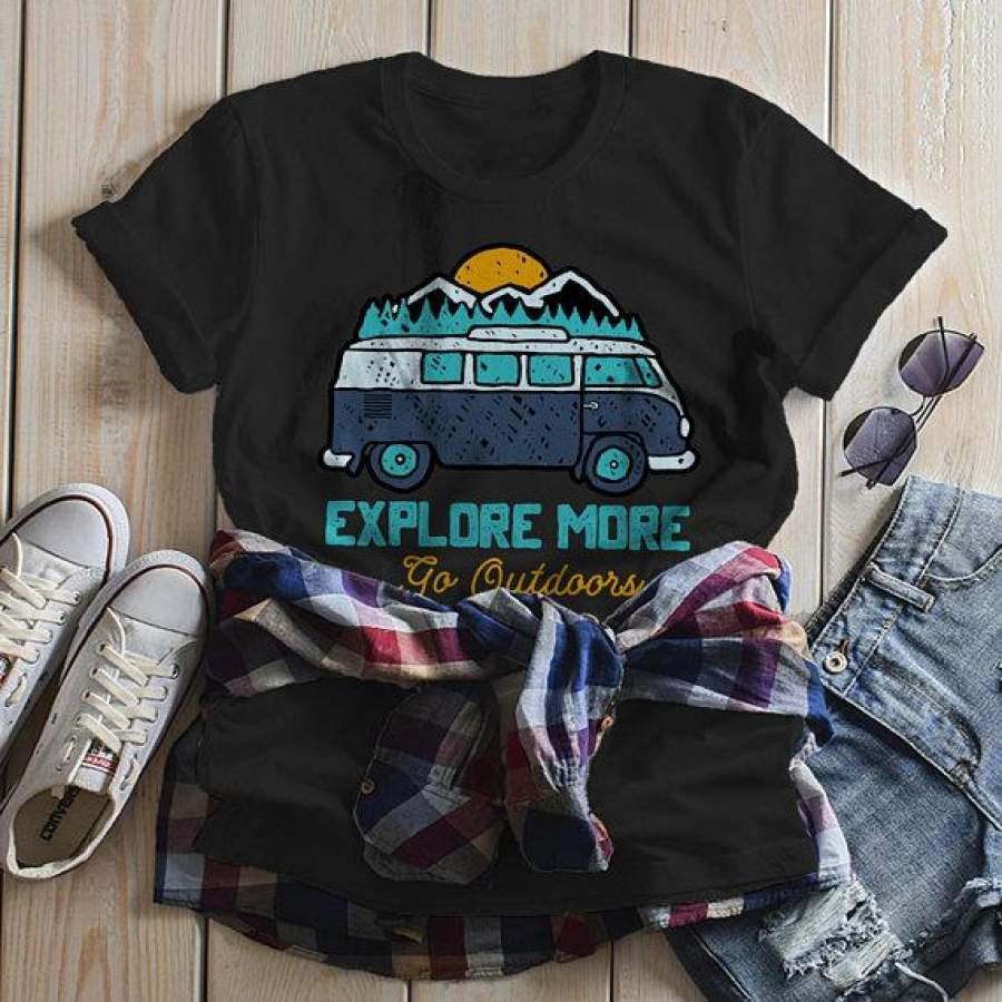 Women’s Hipster Explore T shirt Road Trip Shirts Go Outside Vintage Van Graphic Tee Hand Drawn