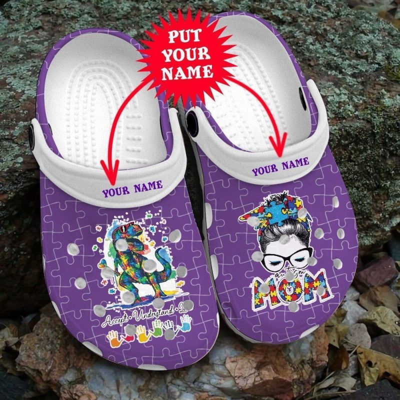 Custom Name Autism Mom Different Beautiful Dinosaurs Child Awareness Rubber clog Shoes Comfy Footwear