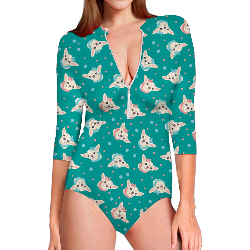 Chihuahua Puppy Pattern Print Long Sleeve One Piece Swimsuit