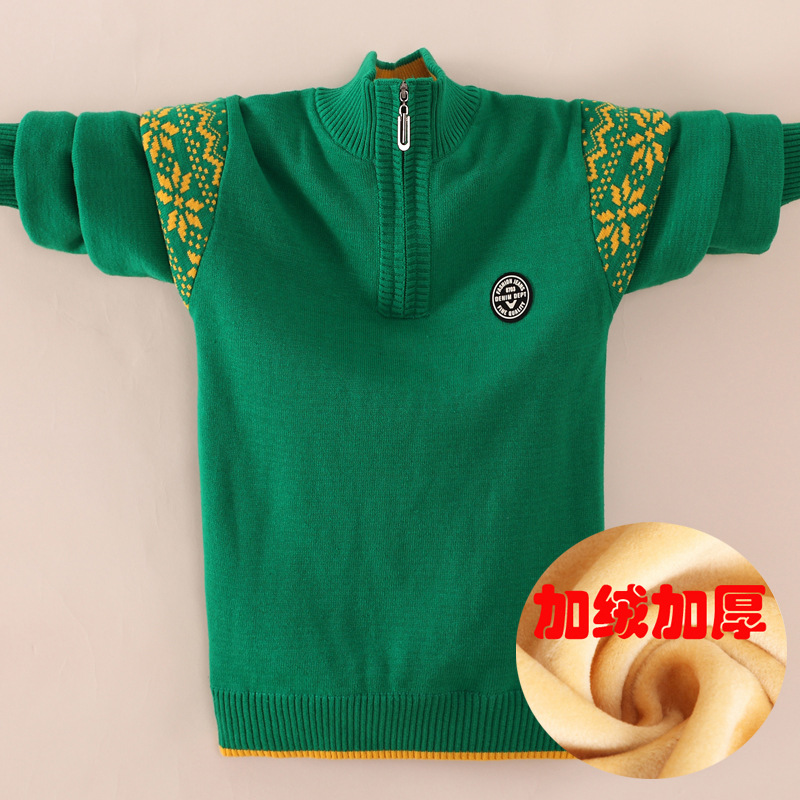 5-15Y Big kids sweater boys thick cotton zipper sweater knitting plus fleece pullover wool alx