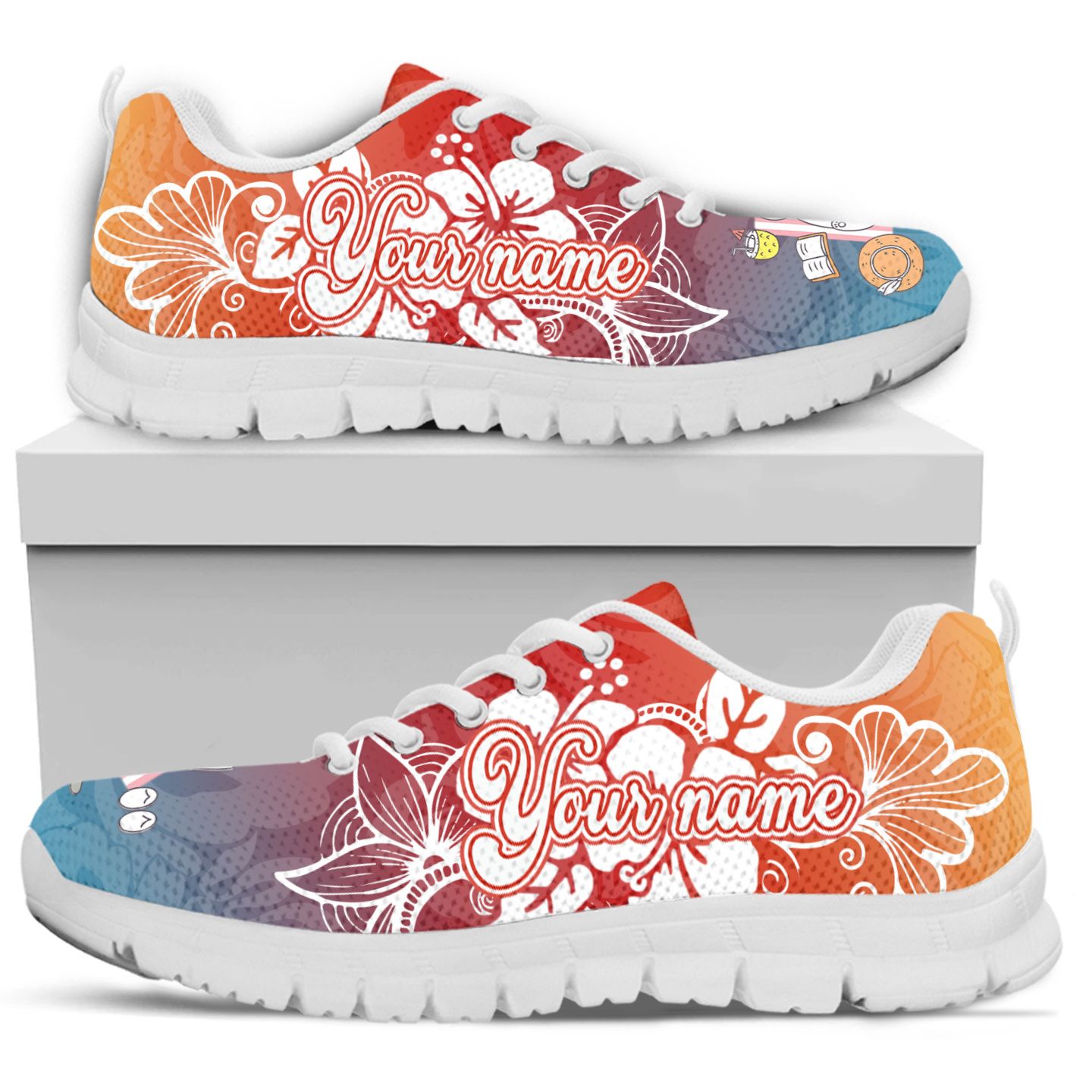 Cat Tropical Flowers Custom Name Women Sneakers For Cat Lovers