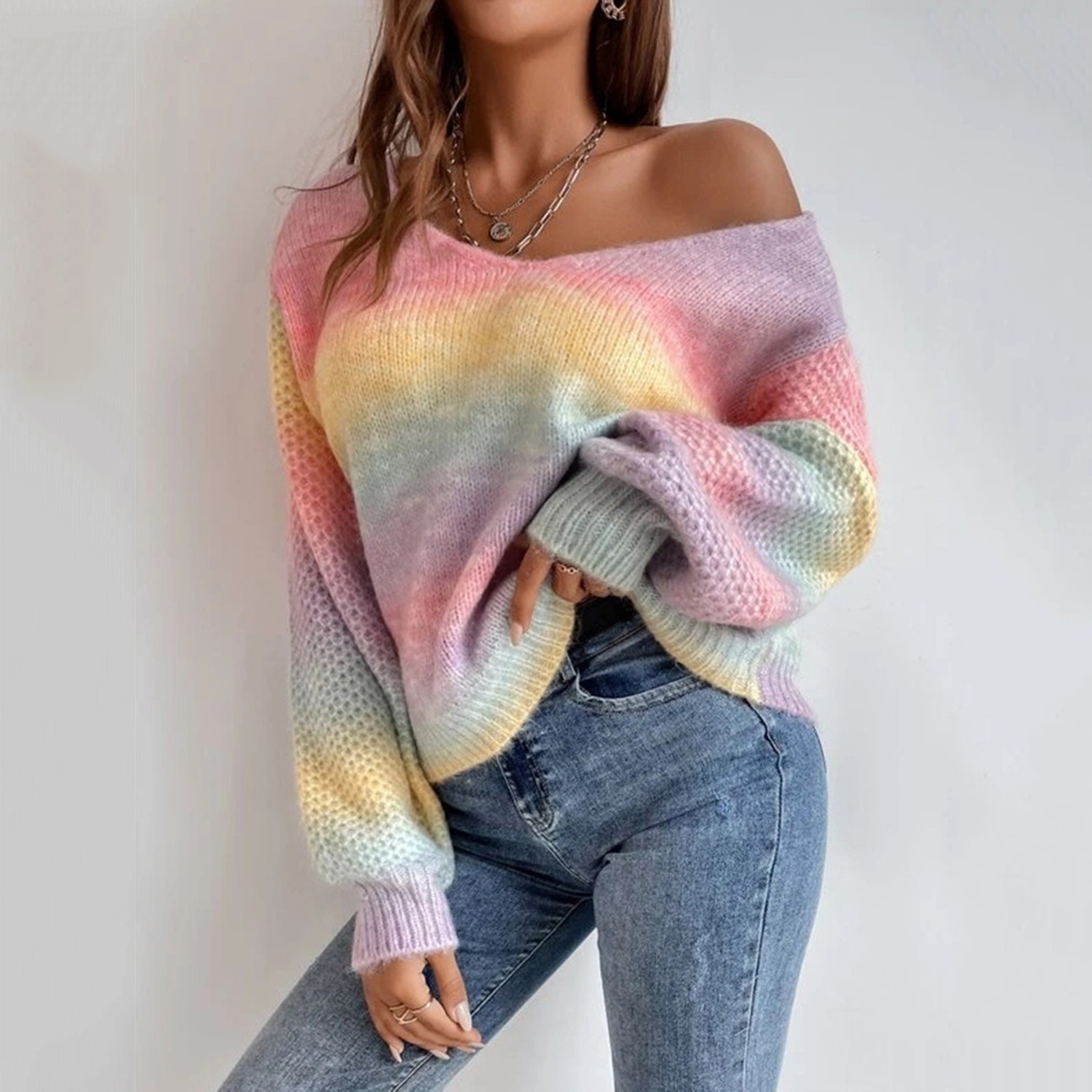 Women Sweater Rainbow Long Sleeve Knit Pullover Oversized Thick Warm Sweater Knitted Pullover Loose Female Knit Sweaters Jumper alx