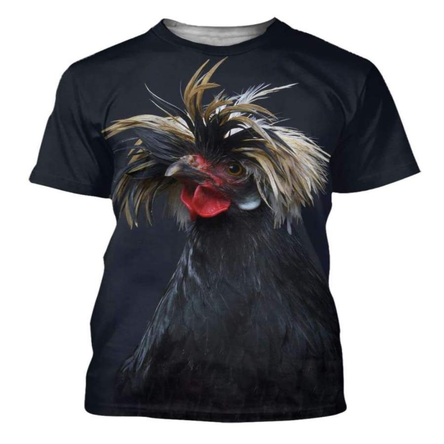 White Crested Black Polish Chicken 3D Printed T-Shirt