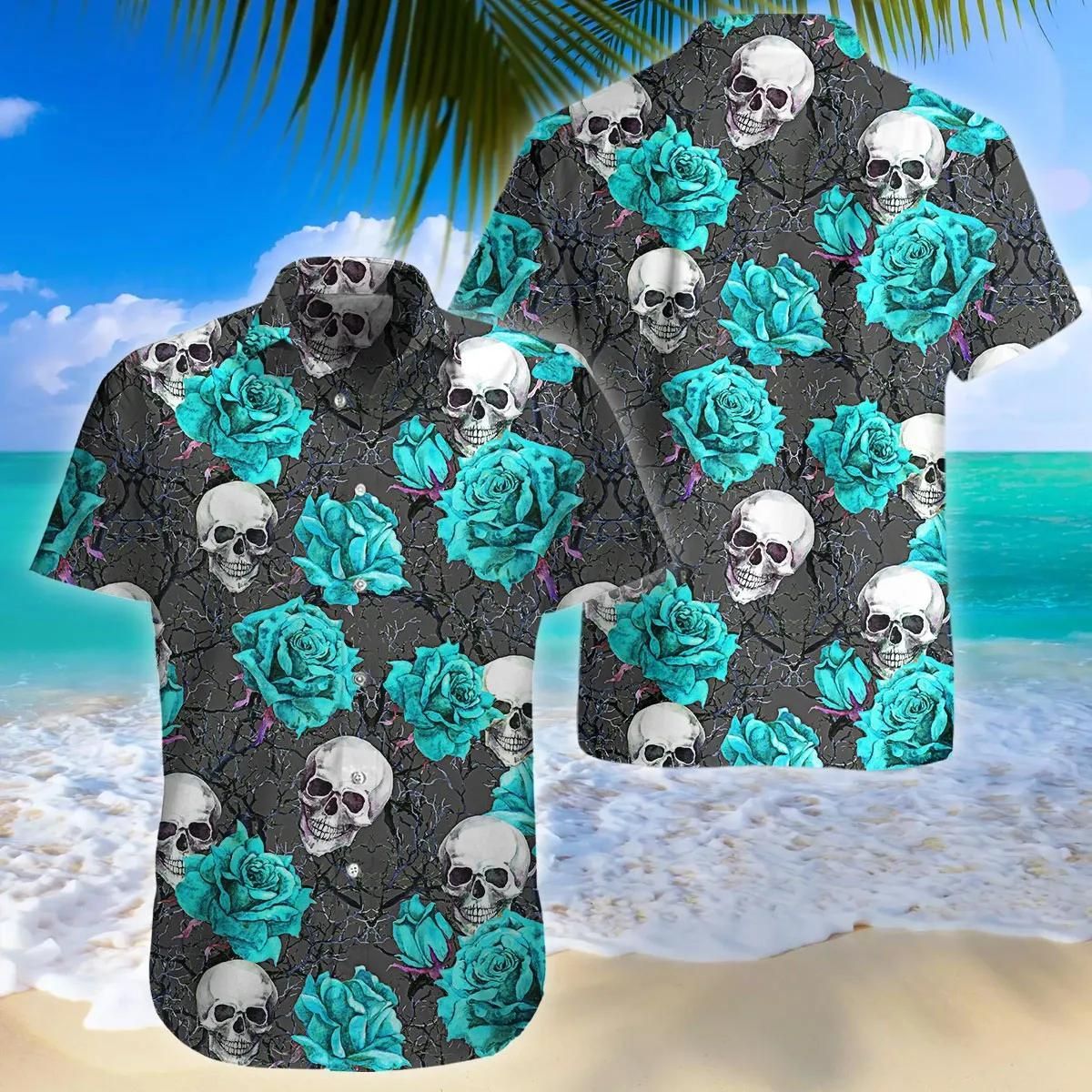 Turquoise Rose Skull Aloha Hawaiian Shirt Colorful Short Sleeve Summer Beach Casual Shirt For Men And Women