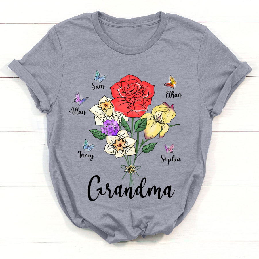 Grandma And Grandkids Flower Butterfly T-Shirt