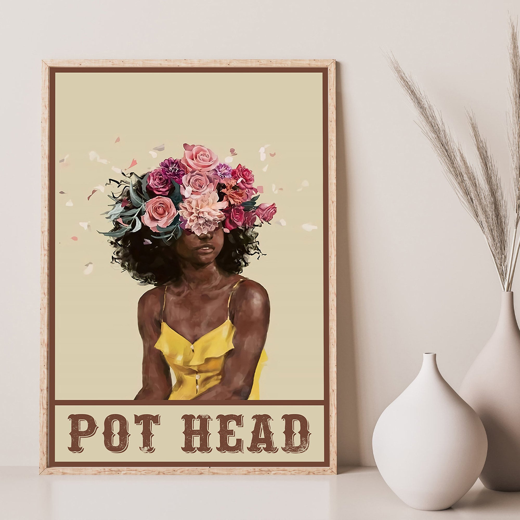 Pot Head Poster, Flower Head Black Girl Poster, Pot Head Garden Wall Art, Gardening Poster, African American Print, Black Pride Poster